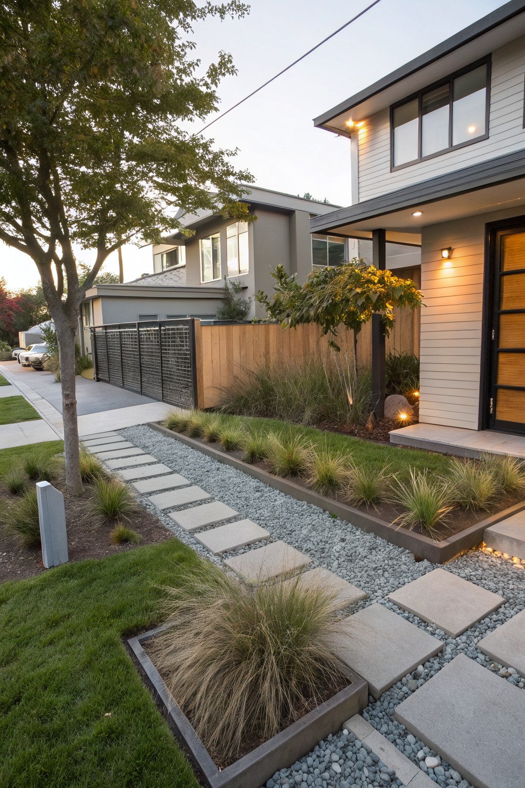 Front yard landscaping with large concrete stepping stone path set into gravel, bordered by lawn and ornamental grasses, leading to a modern house entrance with wood siding and lighting.
