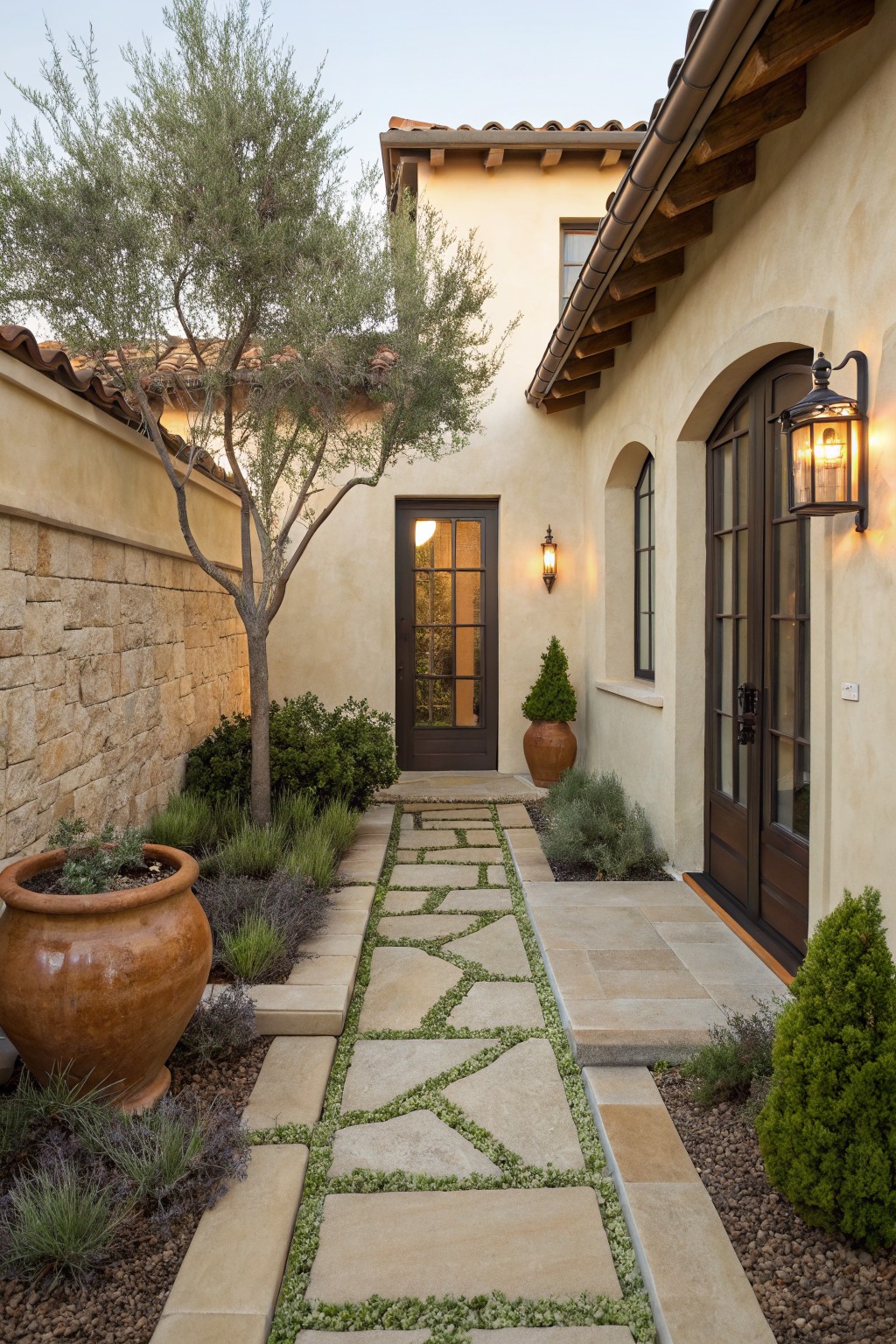 Narrow outdoor pathway of irregular beige stone slabs set into gravel groundcover with low lavender plants, terracotta pots, and an olive tree beside beige stucco house walls and wooden entry doors.