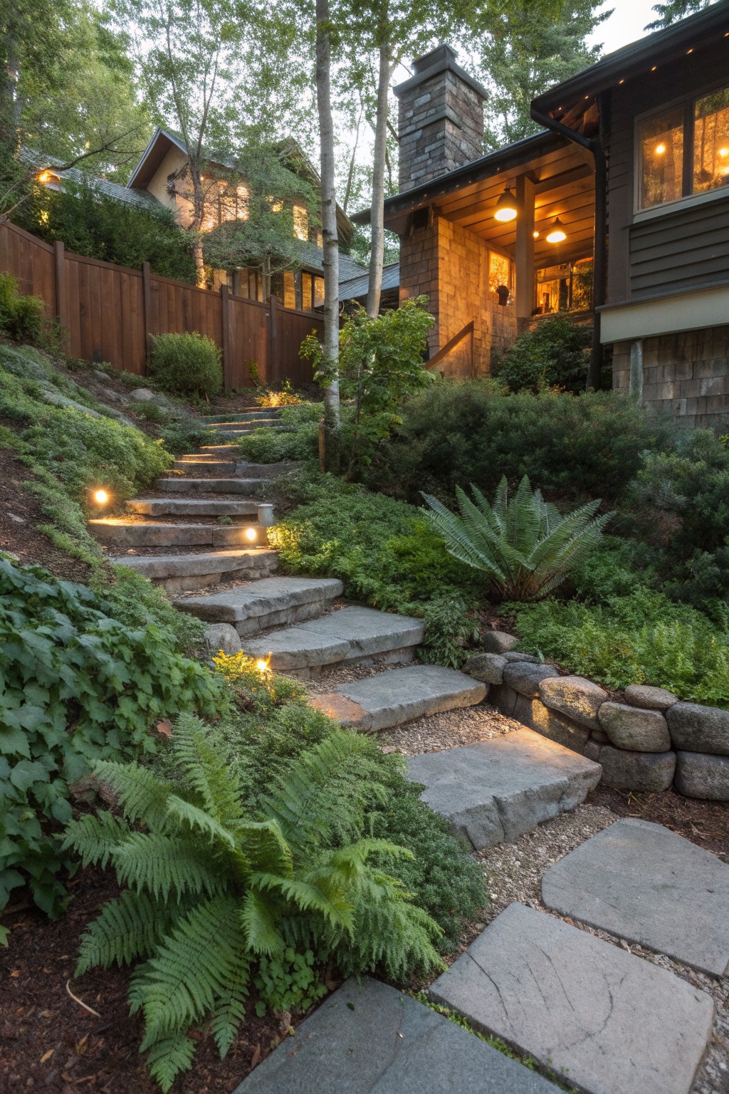 Stone steps winding up a wooded slope, edged with low round lights and surrounded by ferns, shrubs, and ground cover, leading toward shingled houses with warm interior lighting.