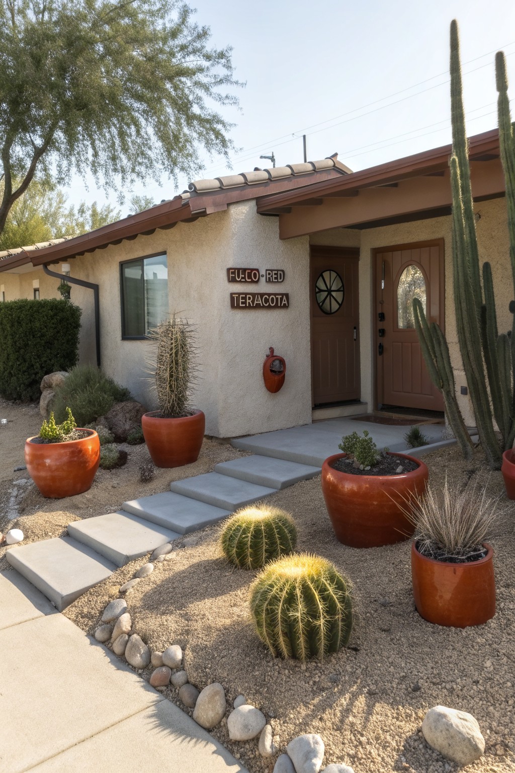 Front yard of a stucco house with red terracotta roof tiles and 