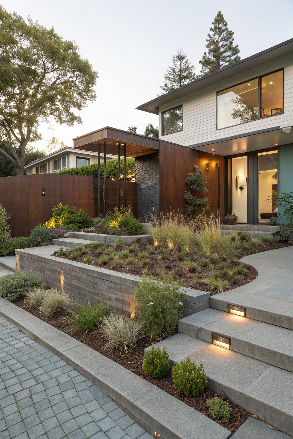 Modern house front entry on a slope with tiered concrete steps edged by curved raised planting beds of ornamental grasses and shrubs, concrete retaining walls, and a paved driveway.