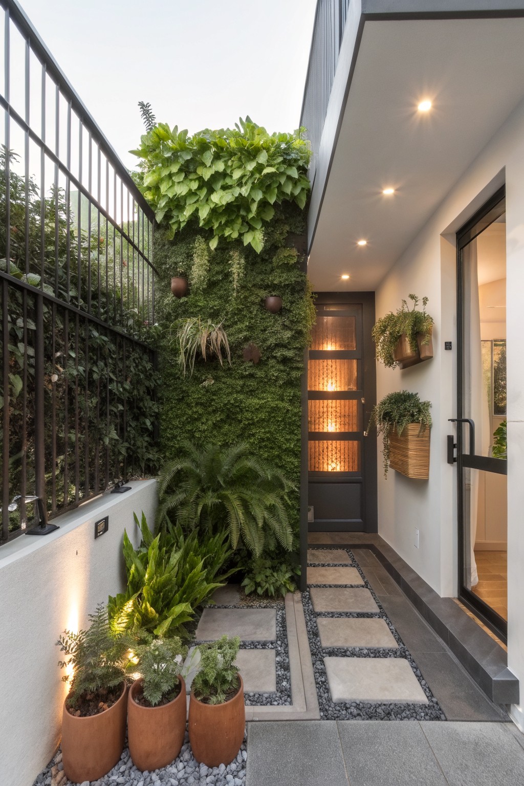 Narrow stone-paver pathway in a small front yard lined with vertical green walls of ivy and ferns on one side, potted plants in terracotta pots and gravel on the other, leading to a black-framed glass entry door on a modern white exterior wall.