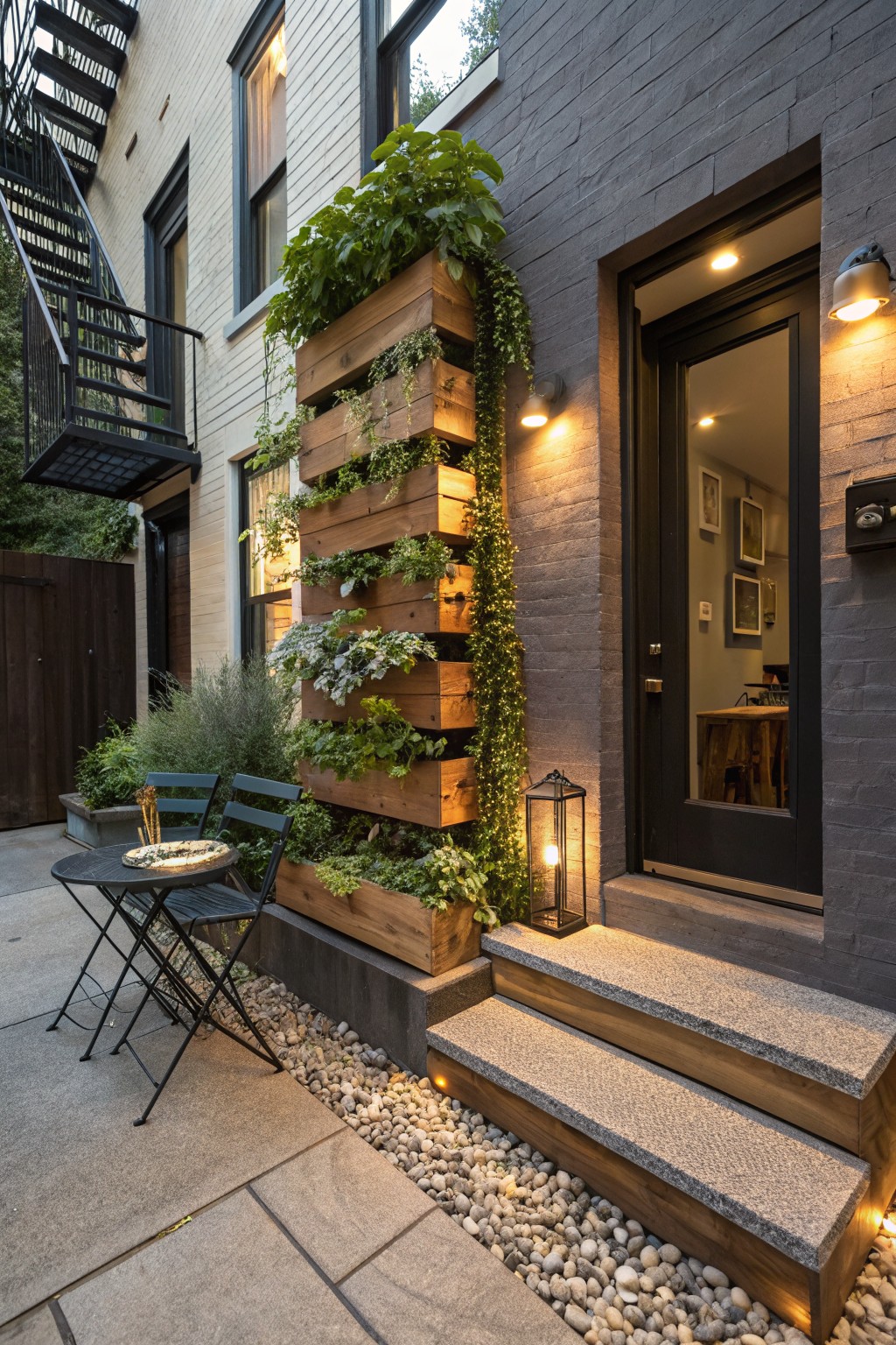 Narrow exterior entry with tall stacked wooden vertical planters overflowing with greenery against a dark brick wall, dark door with steps, small metal bistro table and chairs on paver and gravel patio, warm lighting, and metal fire escape stairs on adjacent building.