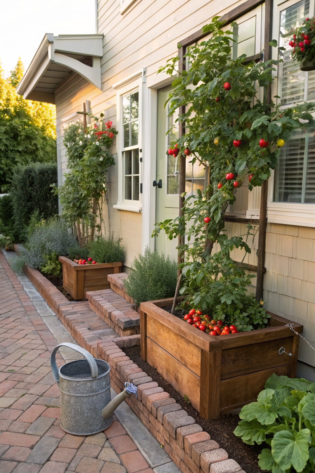 Wooden raised garden beds with tomato plants growing up trellises against a beige house exterior, alongside a brick pathway edged with plants and a metal watering can on the ground.