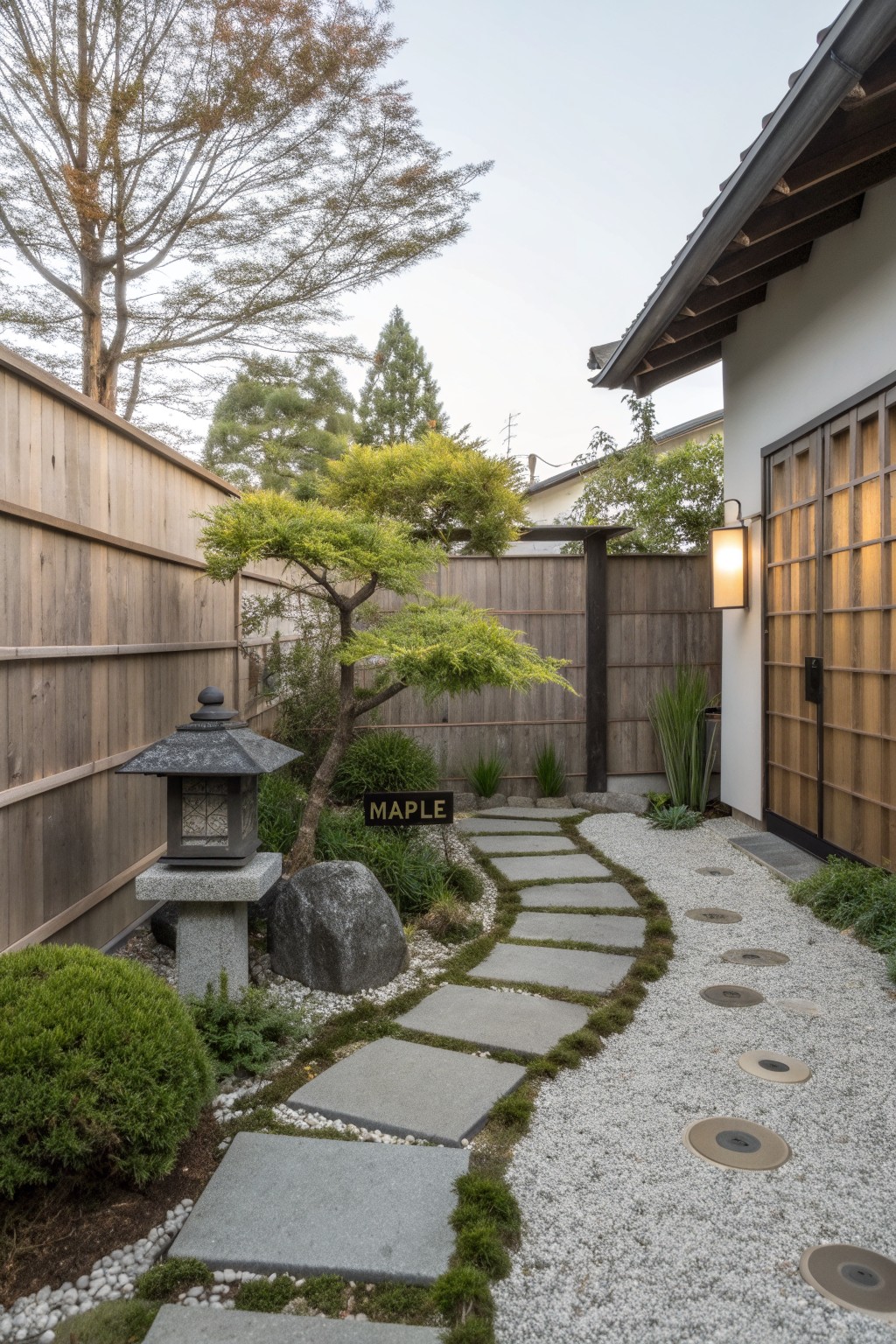 Narrow front yard garden with a curving path of rectangular gray stone slabs embedded in white gravel, bordered by low green plants, moss, rocks, a stone lantern, and a small labeled maple tree, leading to shoji-style wooden doors on a white house wall enclosed by wooden fences.