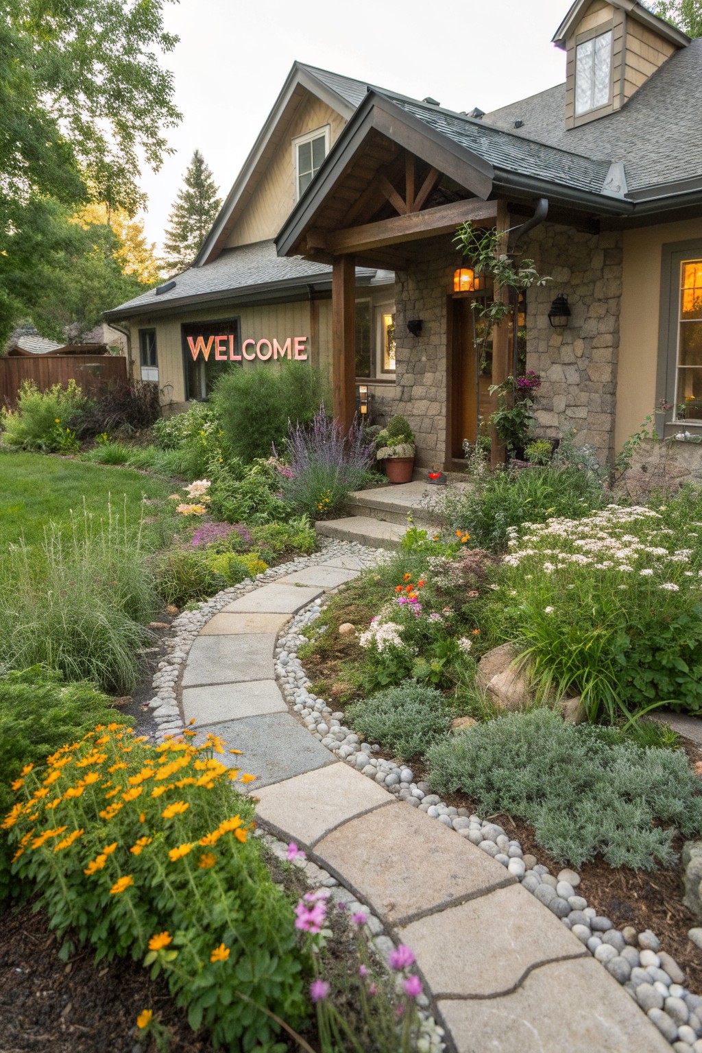 A curved flagstone pathway edged with white pebbles winds through layered flower beds and shrubs leading to the front steps of a beige house with a wooden welcome sign.