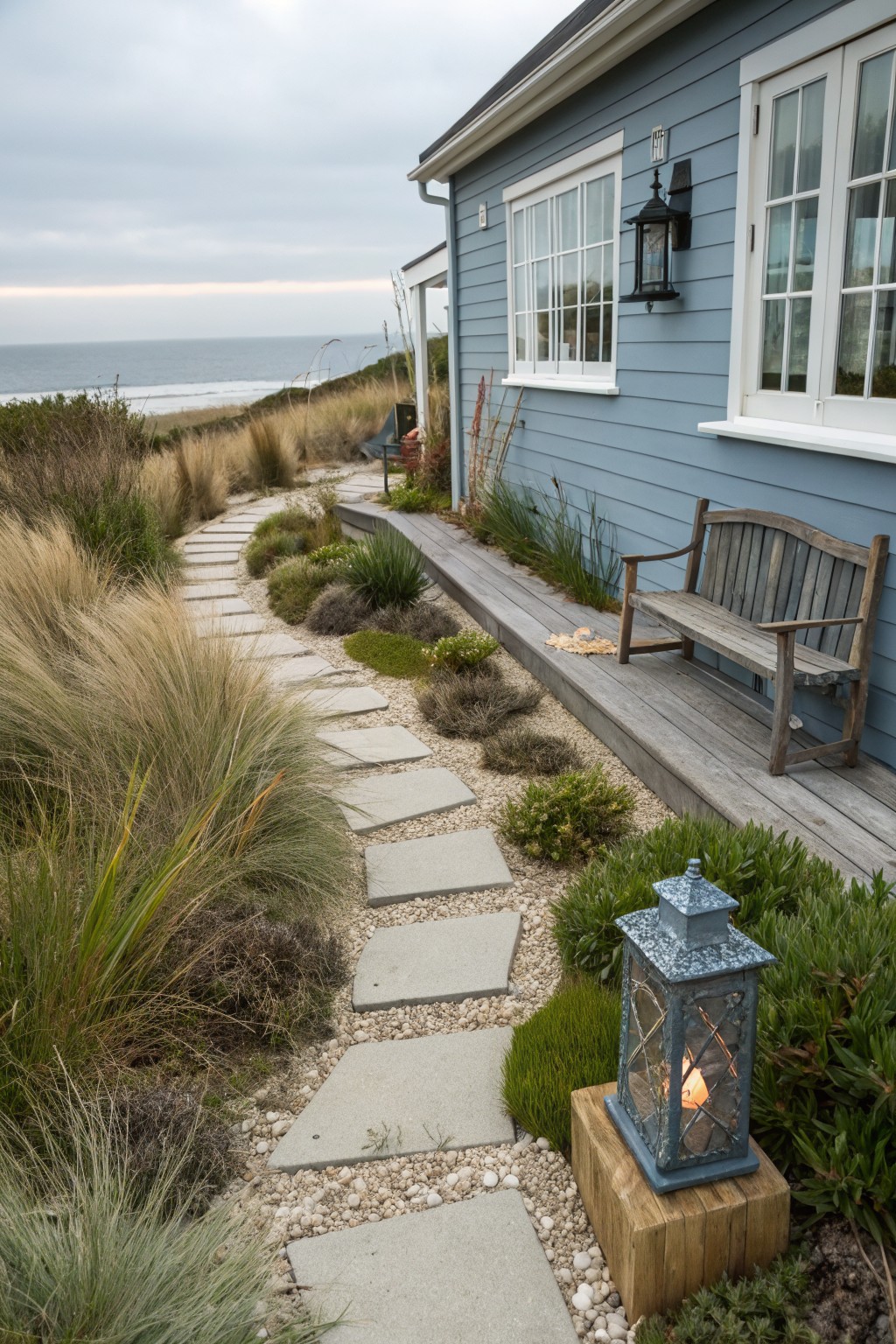 Light blue clapboard house with wooden deck and bench beside a winding path of irregular stone slabs through tall grasses and low shrubs, overlooking ocean dunes.
