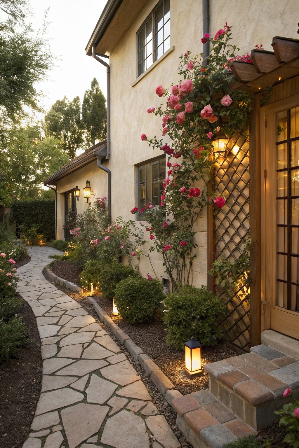 Curving flagstone path bordered by rose bushes, shrubs, and boxwoods leading to the wooden door of a beige stucco house, with pink climbing roses on a wooden trellis beside the entry and lanterns illuminating the walkway.