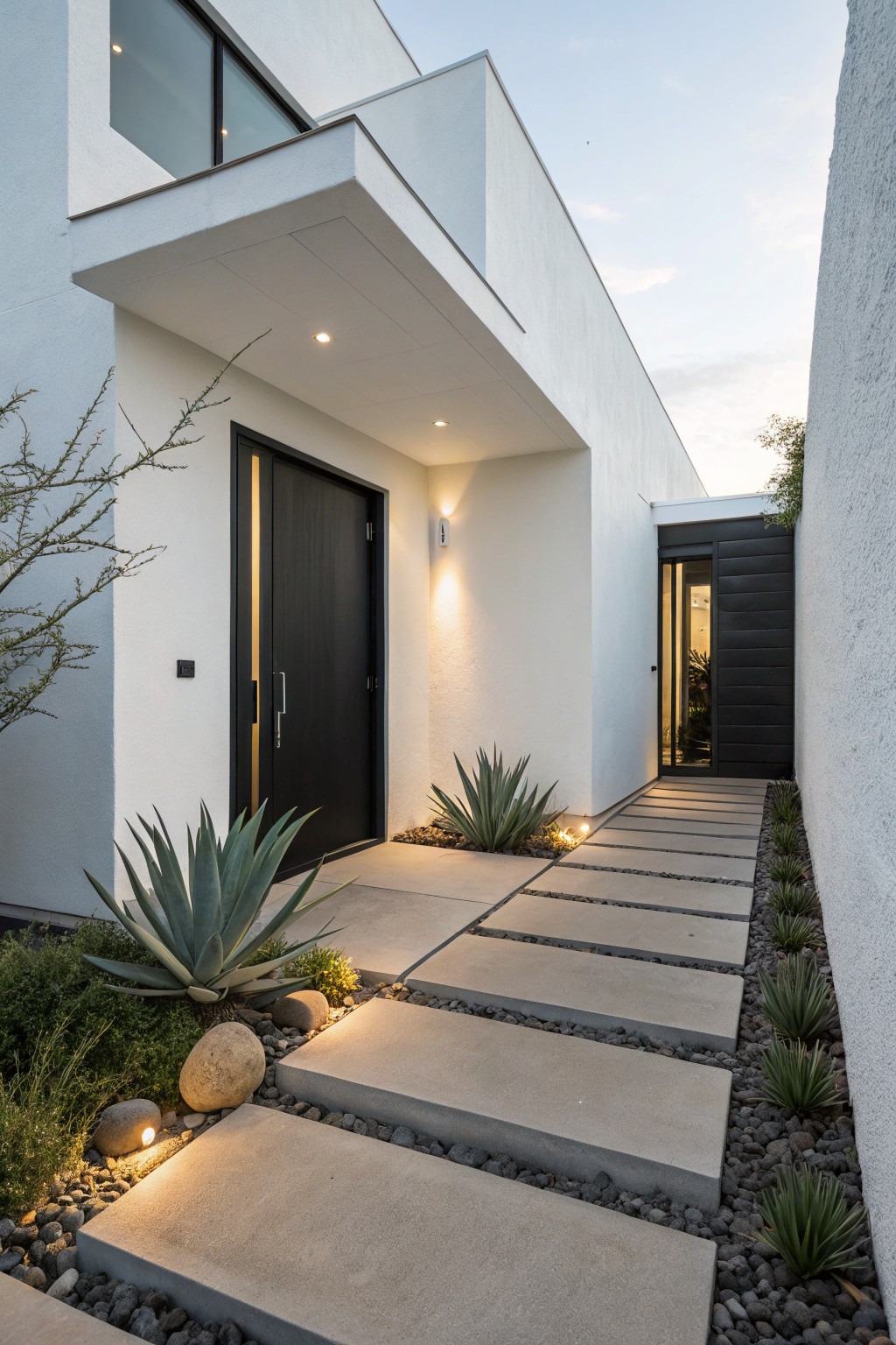 White modern house exterior featuring a tall black front door under a cantilevered overhang, with a concrete stepping stone pathway set in gravel and edged by agave plants and succulents.