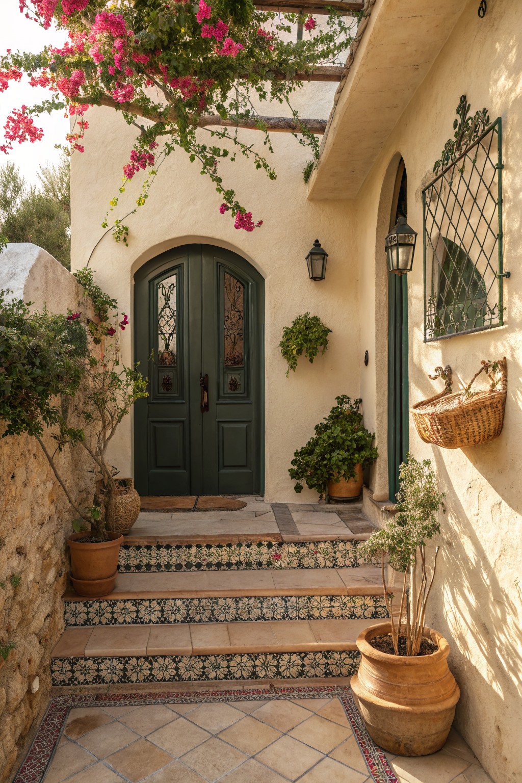 Beige stucco arched entryway with green double doors under a wooden pergola covered in pink bougainvillea, flanked by terracotta pots with plants on colorful tiled steps and greenery along the walls.