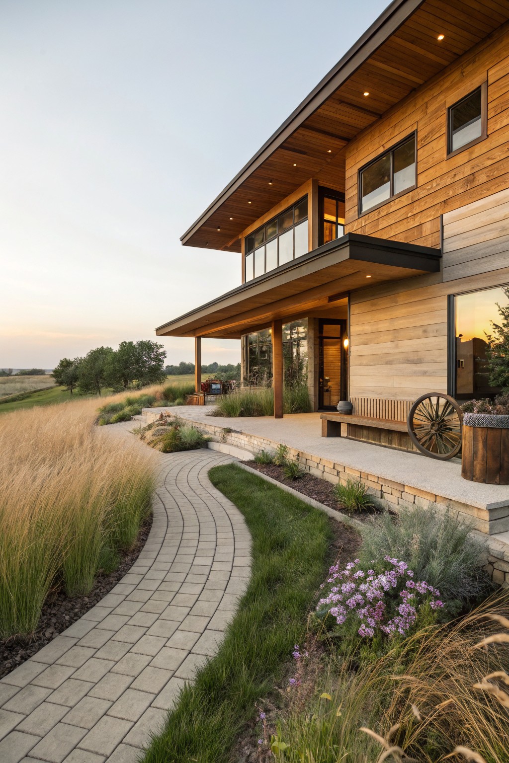 Exterior view of a modern wood-sided house with covered porch, curved gray brick path winding through tall grasses and purple flower beds toward the entry, with fields and trees in the background at dusk.