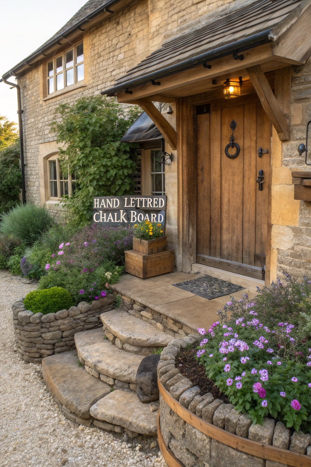 Stone house porch entrance with wooden door, lantern light, stone steps flanked by curved raised flower beds of stacked stone filled with greenery and purple flowers, plus a wooden barrel planter and gravel path.
