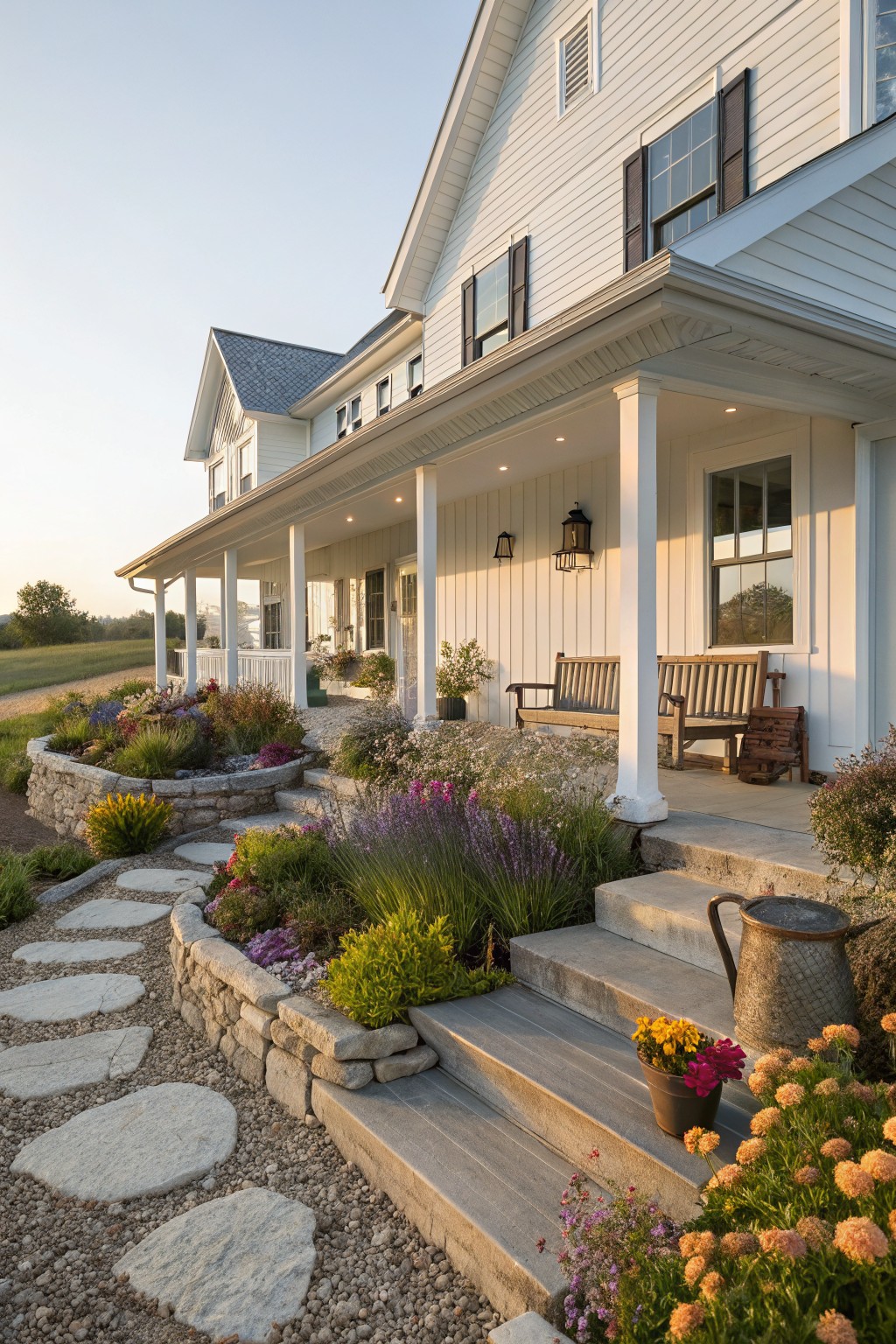 White farmhouse-style house with wraparound porch and wooden benches, fronted by concrete steps, a curved dry-stacked stone retaining wall filled with flowering plants and shrubs, and a flagstone path.