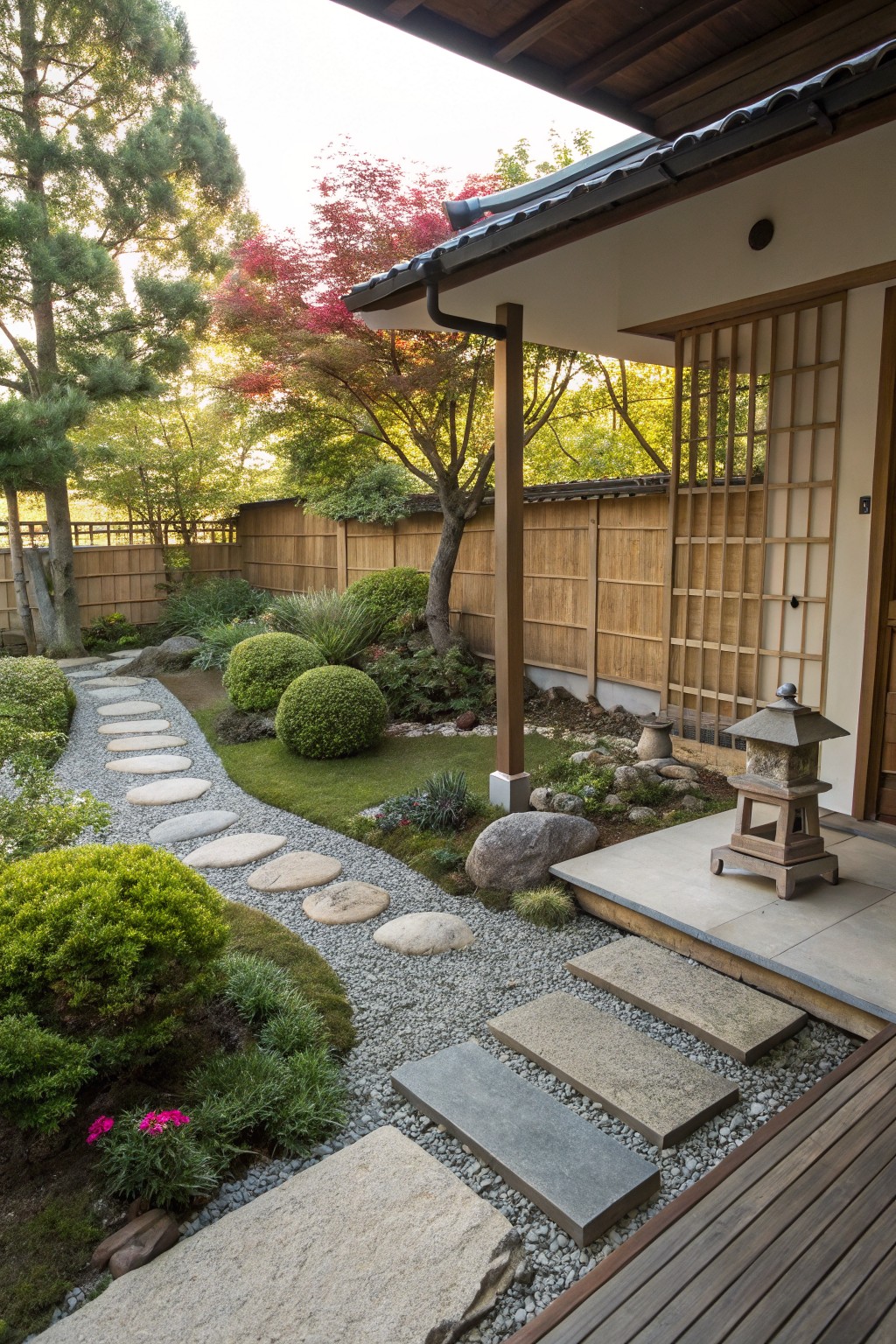 Japanese garden with a curving stepping stone path set in gravel, bordered by rounded green shrubs, rocks, small flowers, and trees, leading to a wooden porch under an eave with shoji screens and a stone lantern.