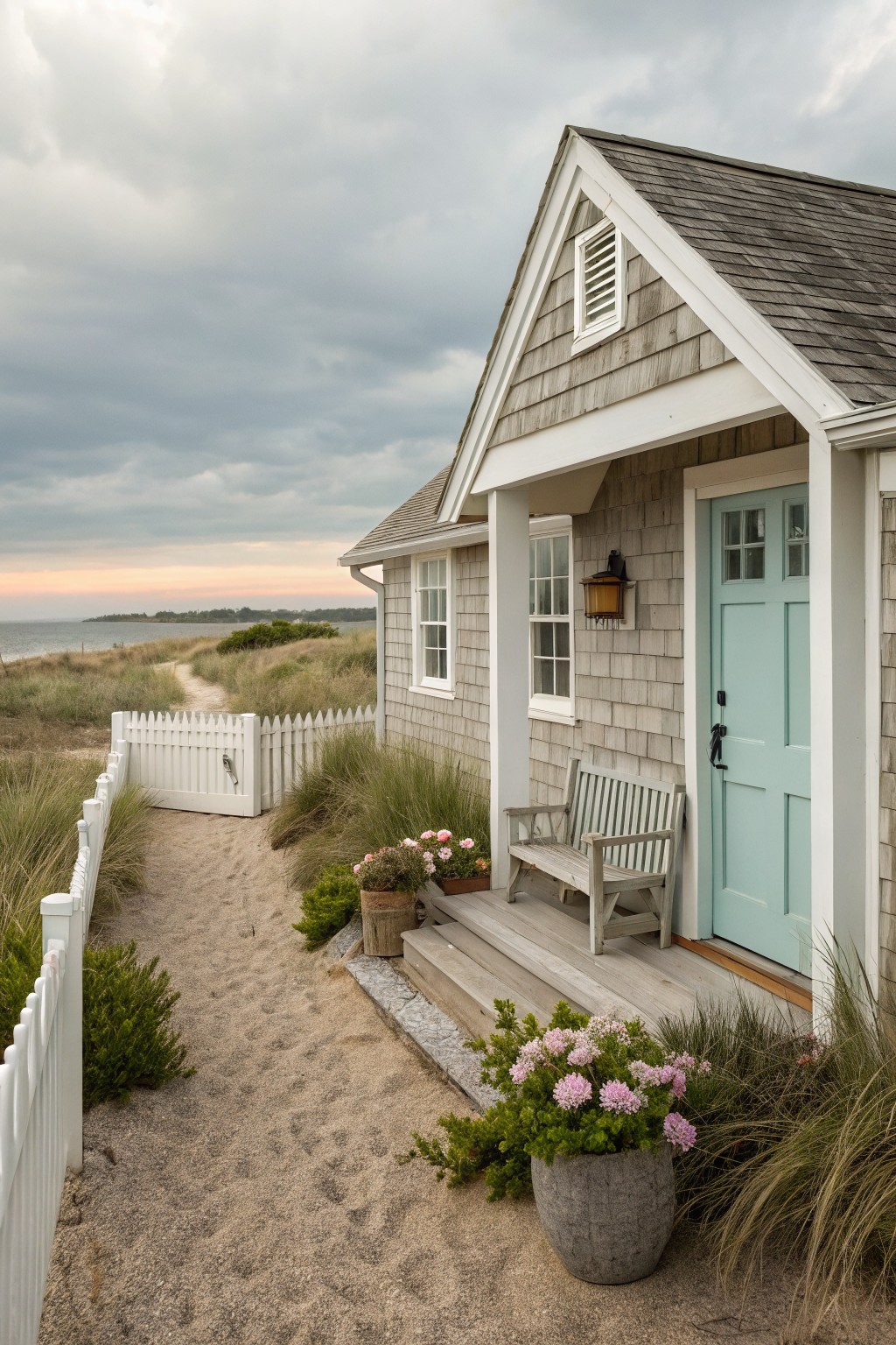 Shingle-style beach house with turquoise front door and porch bench, edged by flower beds of grasses, shrubs, pink-flowering plants in pots, and a sandy path through white picket fence from dunes to ocean.