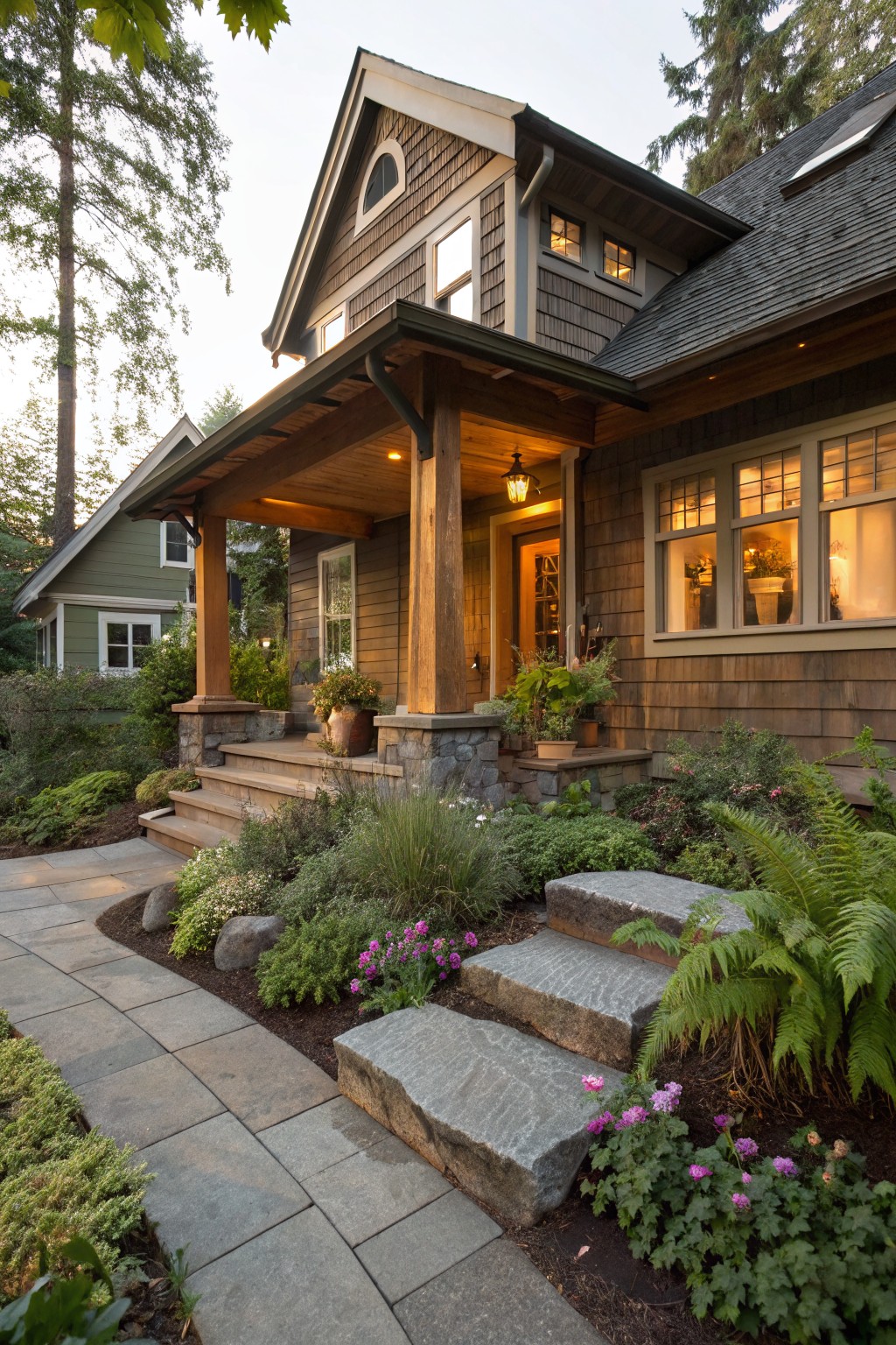 Front exterior of a shingled house with covered porch approached by wide stone slab steps flanked by flower beds containing grasses, ferns, pink flowers, and rocks, plus a slate walkway and adjacent greenery.