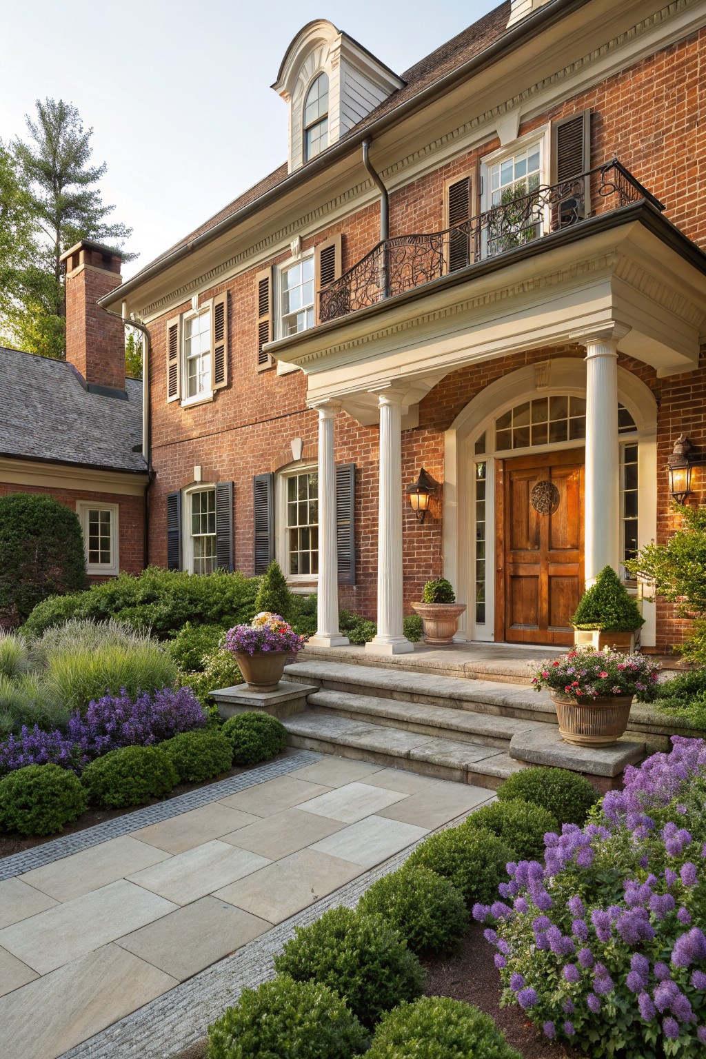 Brick house facade with columned porch, wooden door, stone steps and path lined by flower beds of purple blooming shrubs, boxwoods, lavender, potted plants, and gravel edging.