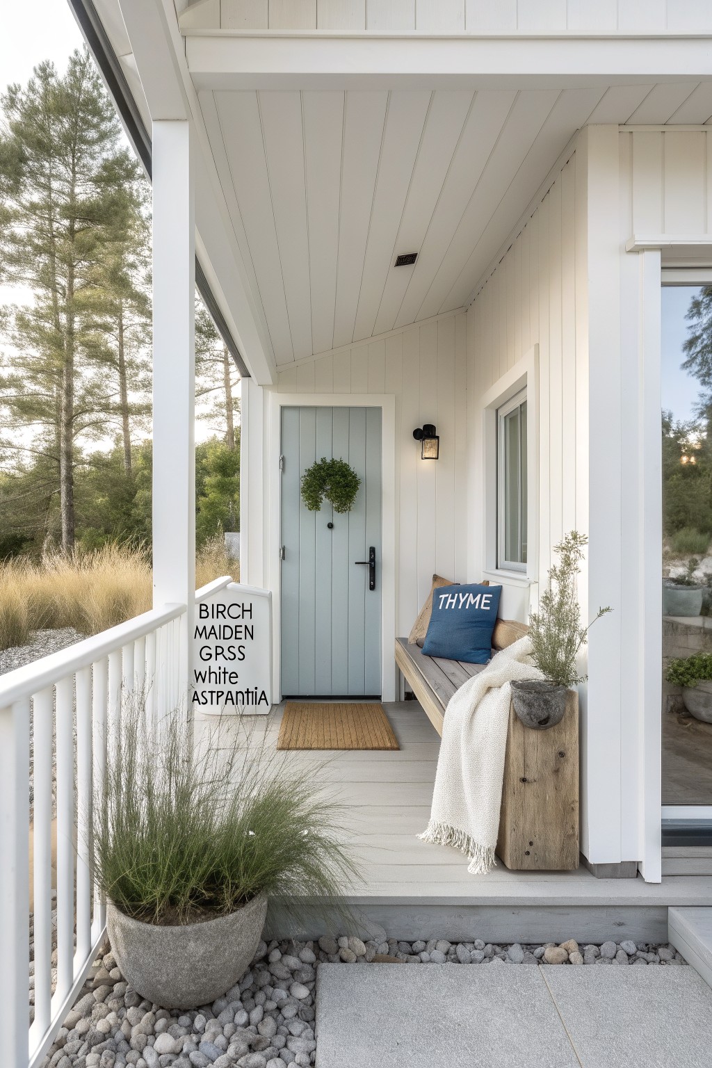 White wood-clad house exterior with teal front door under covered porch, wooden bench with blue pillow and throw blanket, large stone pot of tall grasses beside steps, plant label sign on white post, and gravel mulch area.