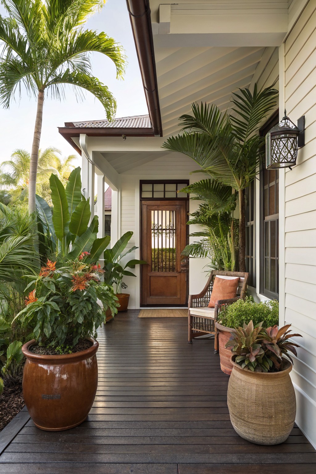 Covered porch with dark wood decking leading to a screened wooden front door on a white house, lined with large potted tropical plants like banana leaves and palms, a wicker chair with cushion, lanterns, and nearby greenery.