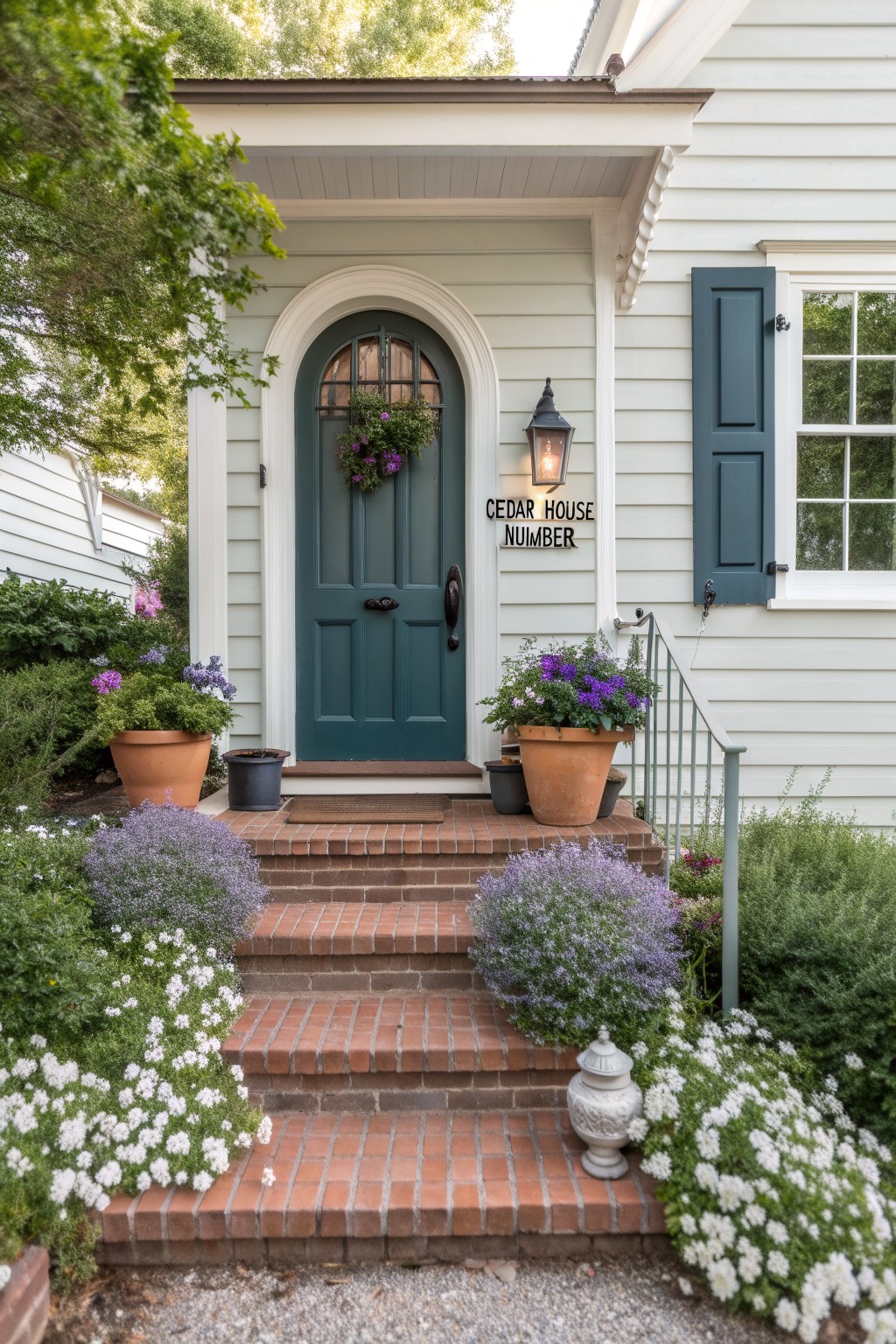 Light blue clapboard house exterior featuring a dark teal arched door with wreath, lantern light, 
