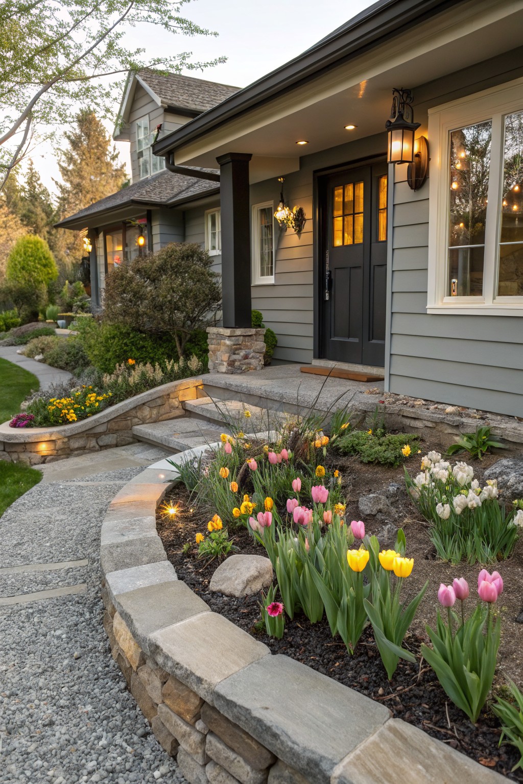 Gray shingle house with dark front door and porch, approached by curved stone path and steps flanked by raised stone retaining walls planted with colorful tulips, other flowers, and shrubs.