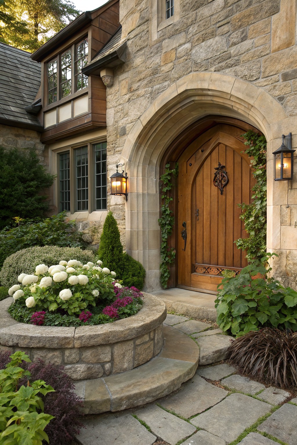 Stone house facade with arched wooden entry door, lantern lights, ivy vines, and a circular raised stone planter bed filled with white hydrangea blooms and purple flowers positioned directly in front of the porch steps.