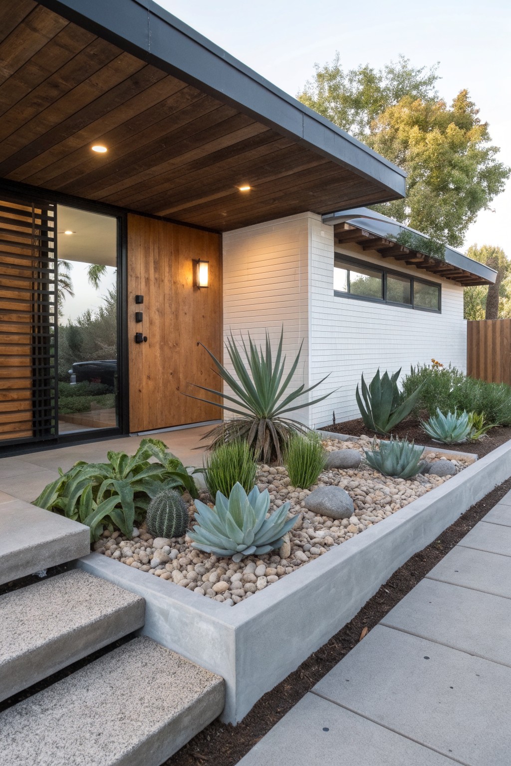 Modern house exterior featuring a wooden front door with black metal screen, white stucco walls, overhanging wooden ceiling, and a raised rectangular concrete planter bed filled with succulents, agaves, cacti, grasses, and decorative pebbles next to concrete steps.