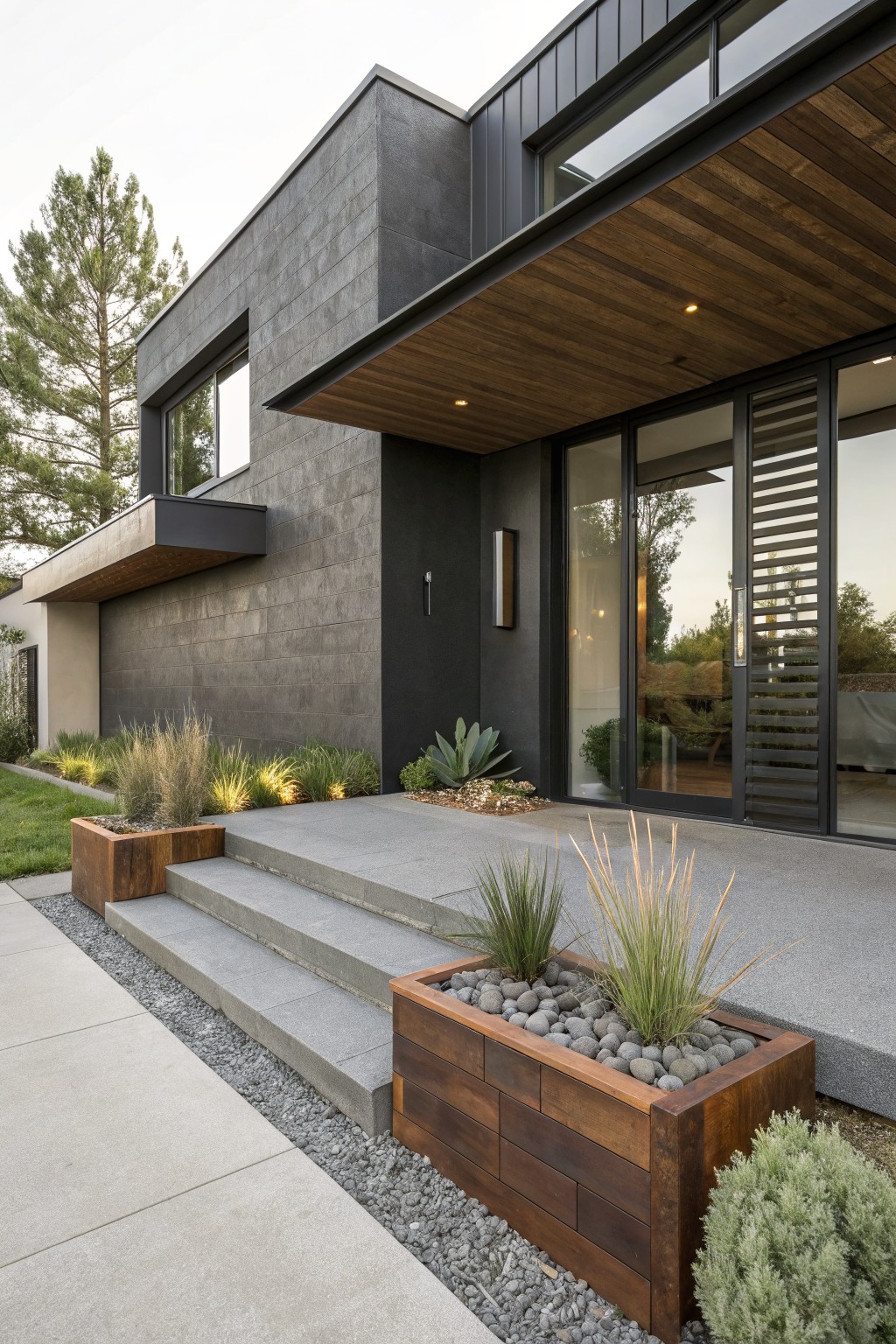 Contemporary house exterior with dark gray stone walls, overhanging wooden porch roof, concrete steps to glass entry doors, flanked by rectangular wooden planters filled with ornamental grasses and pebbles, gravel ground cover, and low shrubs.