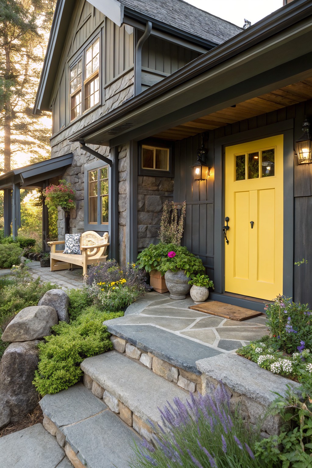 Rock-Lined Flower Beds Beside Porch Steps