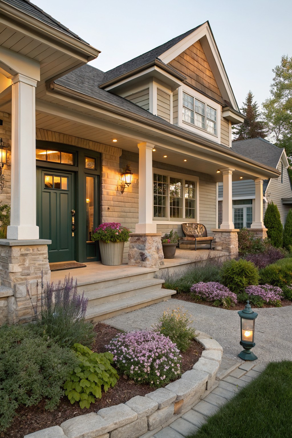 Two-story beige house with covered porch, white columns, dark green front door, and curved low stone walls enclosing flower beds of purple lavender, pink flowers, green shrubs, and grasses beside concrete porch steps and gravel path.