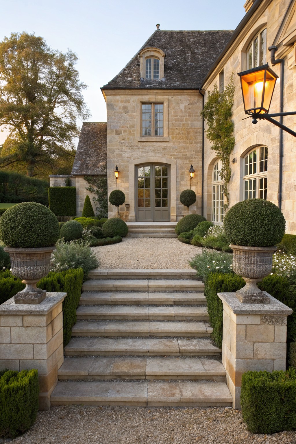 Stone house facade with wide entry steps flanked by stone urns holding round boxwood topiaries, gravel path lined with low hedges and shrubs, lanterns on walls.