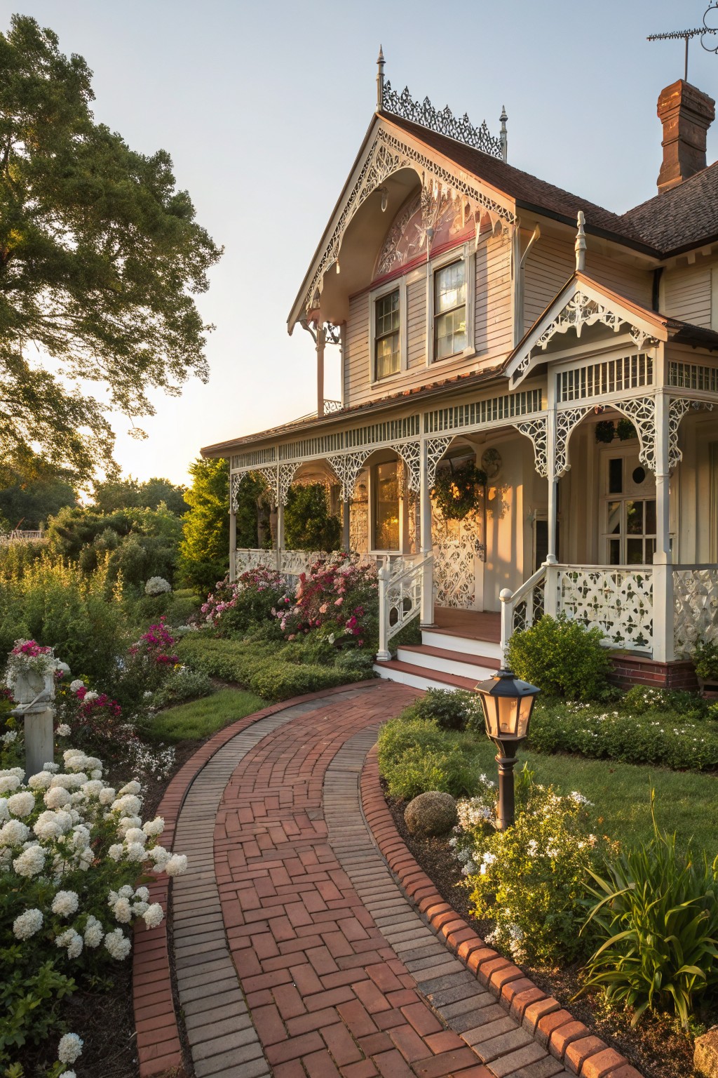 Victorian house with ornate porch and gable roof, fronted by curved red brick pathway edged with white hydrangea bushes, roses, and other flowers in garden beds, lit by a lantern at dusk.