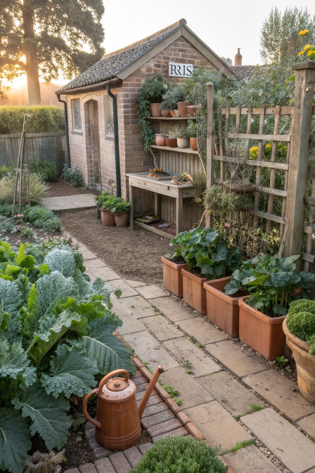 Brick garden shed labeled IRIS with sloped roof, potting bench holding pots and vegetables, surrounded by terracotta planters of leafy greens along a gravel path and wooden trellis in a backyard garden.
