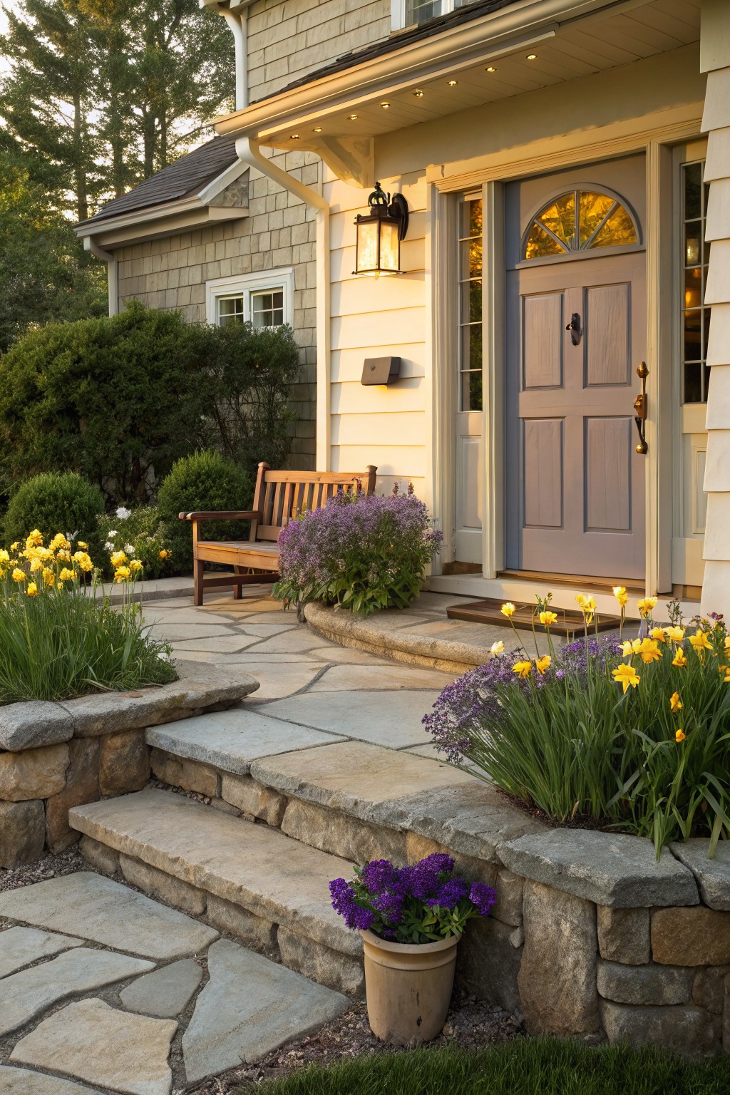 Shingled house front entrance with gray paneled door and glass panels, flanked by yellow and purple iris plantings in beds along stone retaining walls and flagstone steps leading to a wooden bench and potted purple flowers.