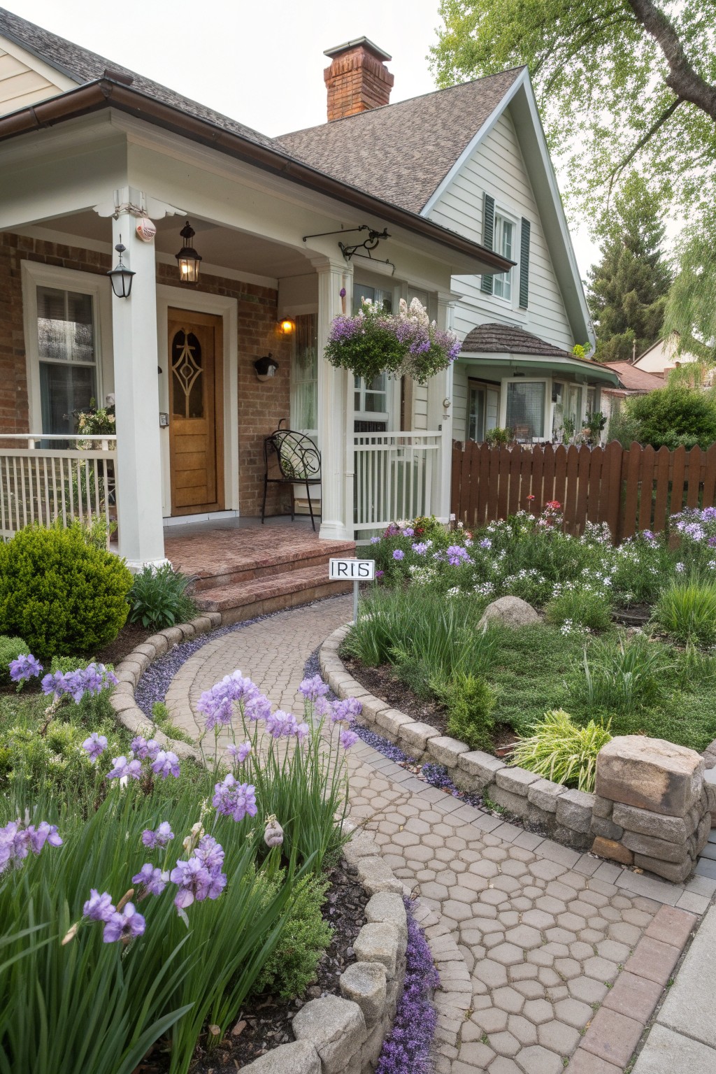 Craftsman-style house exterior with a curved pebble pathway lined with blooming purple irises, bordered by stone walls and garden beds, leading to a brick porch and wooden front door.