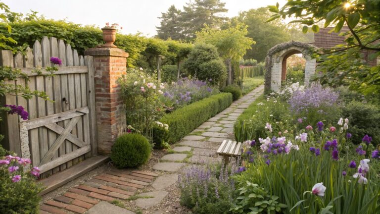 Brick pathway lined with purple iris flowers and flanked by trimmed boxwood hedges leading to an open white picket gate in a garden with roses and trees at sunrise.