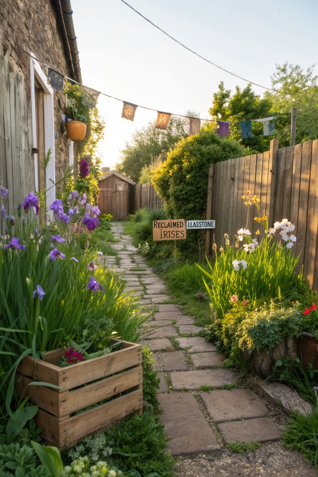 Stone pathway winding through a garden with purple and white iris flowers lining both sides, wooden fences, a sign reading 