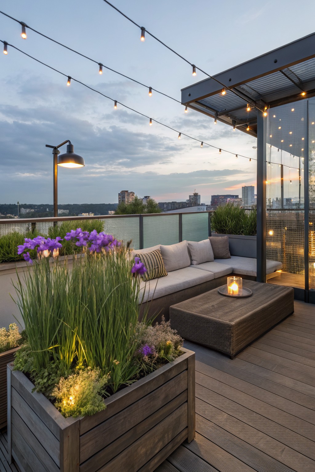 Rooftop terrace deck at dusk with string lights overhead, clusters of purple iris flowers in wooden planters, low beige sofa and wooden coffee table, glass railing, and city skyline view.