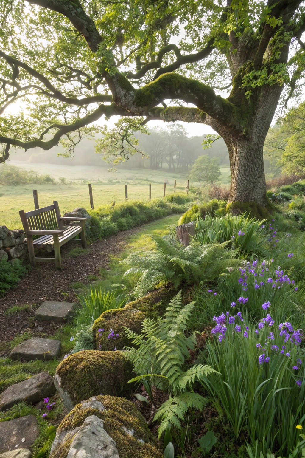 Wooden bench on a mulched path next to a dry stone wall under a large moss-covered oak tree, surrounded by ferns, mossy rocks, and purple iris flowers in a misty green landscape.