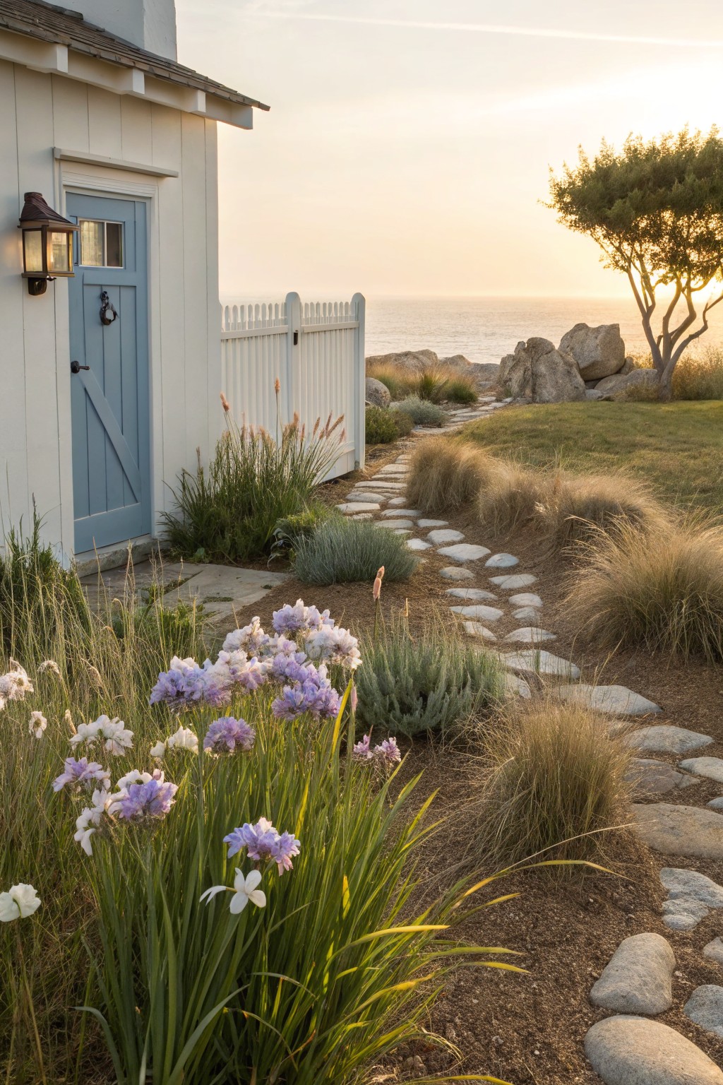 White wooden shed with blue door and copper lantern next to a curving stone path through beds of grasses and blooming purple iris flowers, with ocean rocks and sunset sky beyond.