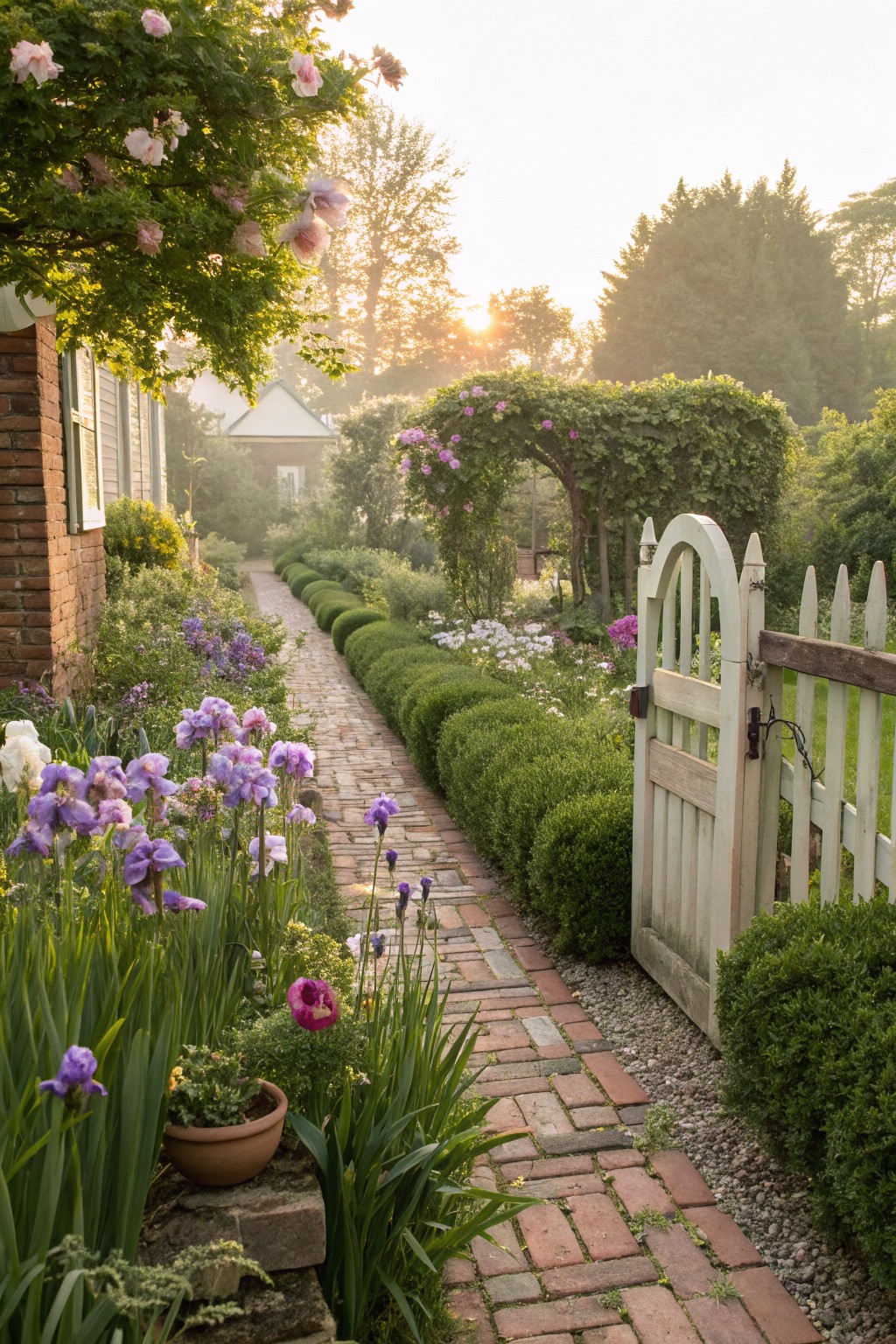 Brick pathway lined with purple iris flowers and flanked by trimmed boxwood hedges leading to an open white picket gate in a garden with roses and trees at sunrise.