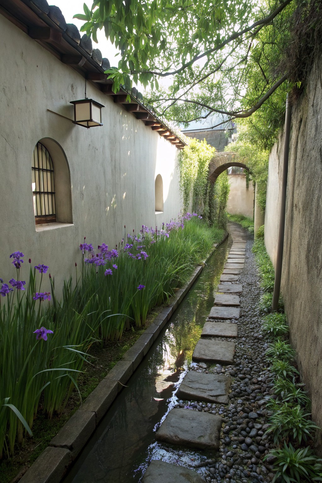 Narrow garden path with irregular stone stepping stones next to a shallow water channel lined with purple iris plants and flowers, between stucco walls with a hanging lantern and arched entryway.