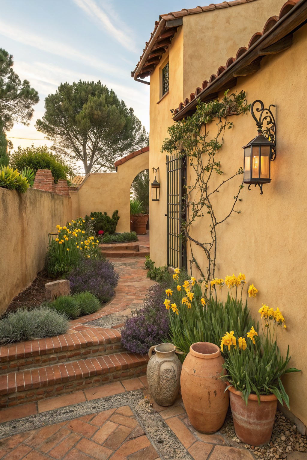 A winding brick pathway with steps in a stucco-walled courtyard garden, lined with yellow iris flowers in beds and large terracotta pots, plus lavender plants and wall lanterns.