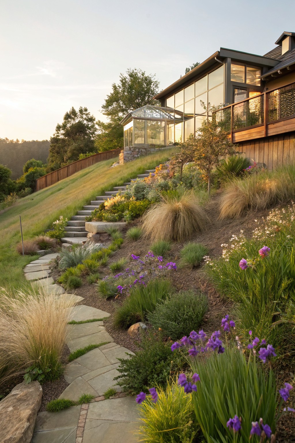 A sloped hillside garden featuring a meandering flagstone path edged with ornamental grasses, agaves, shrubs, and clusters of blooming purple iris flowers, leading up to steps and a modern house with glass walls and a greenhouse pavilion.
