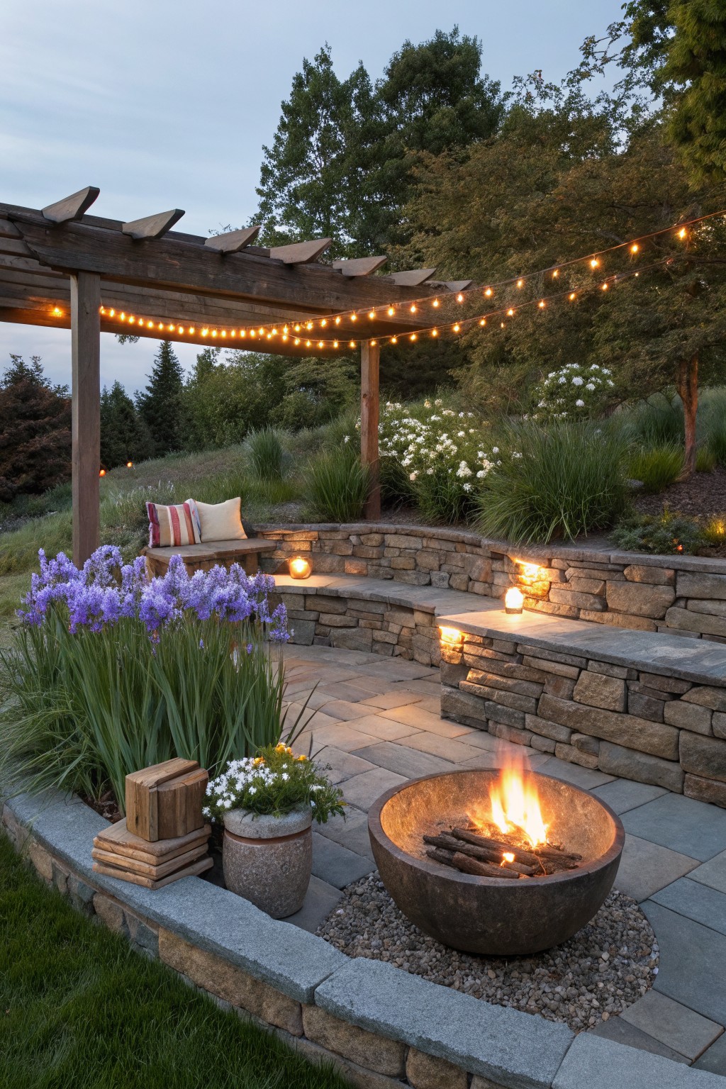 Stone-walled outdoor patio at dusk with central fire pit, bench seating, purple iris flowers, potted plants, string lights on wooden pergola, and surrounding greenery.