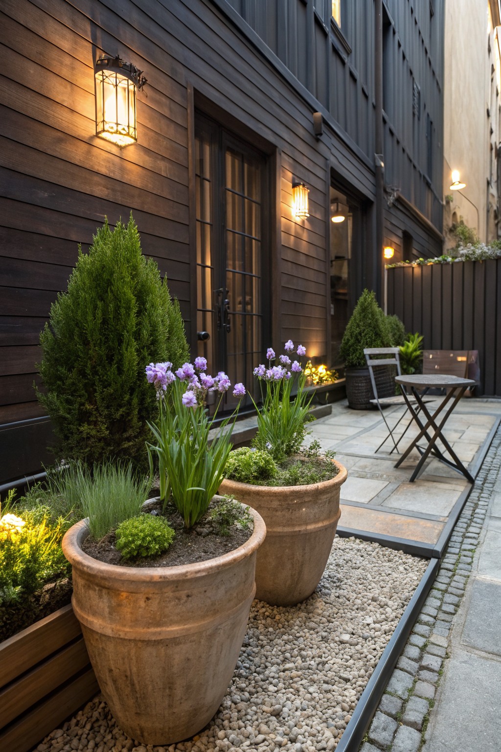 Narrow outdoor courtyard with dark wooden walls, two large terracotta pots of purple irises and green plants, small bistro table and chairs on tiled area, gravel path edged in wood, conifer shrubs, and wall lanterns.
