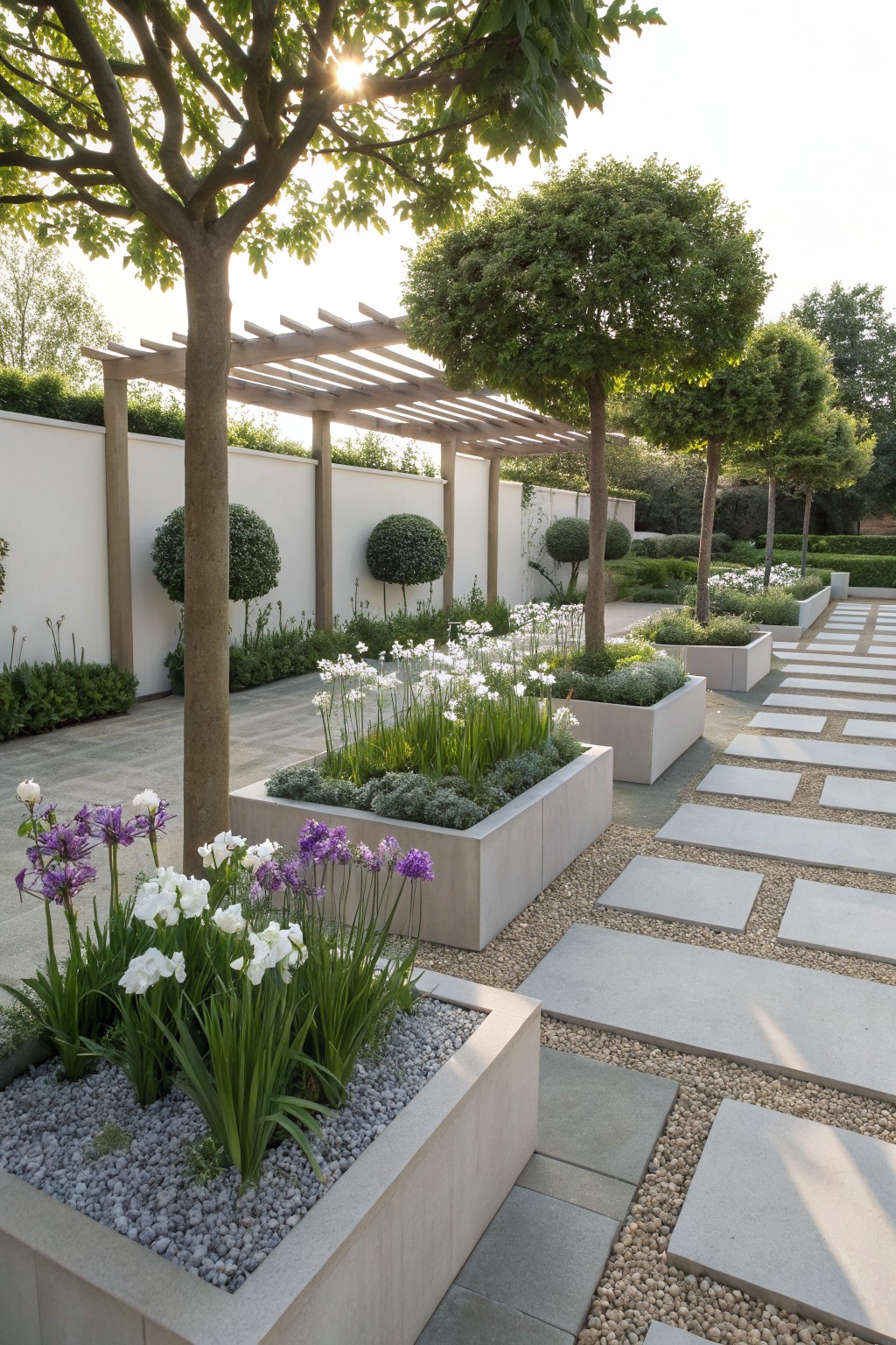 Modern garden pathway with large raised concrete planters containing purple and white irises, grasses, and gravel, next to white walls, stone pavers, trees, and a wooden pergola.