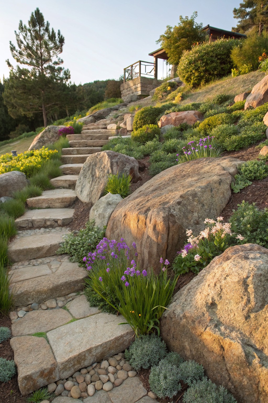 Stone steps ascending a rocky hillside integrated with large boulders and plantings of purple irises, green shrubs, and groundcovers, leading toward a wooden deck structure in the background.