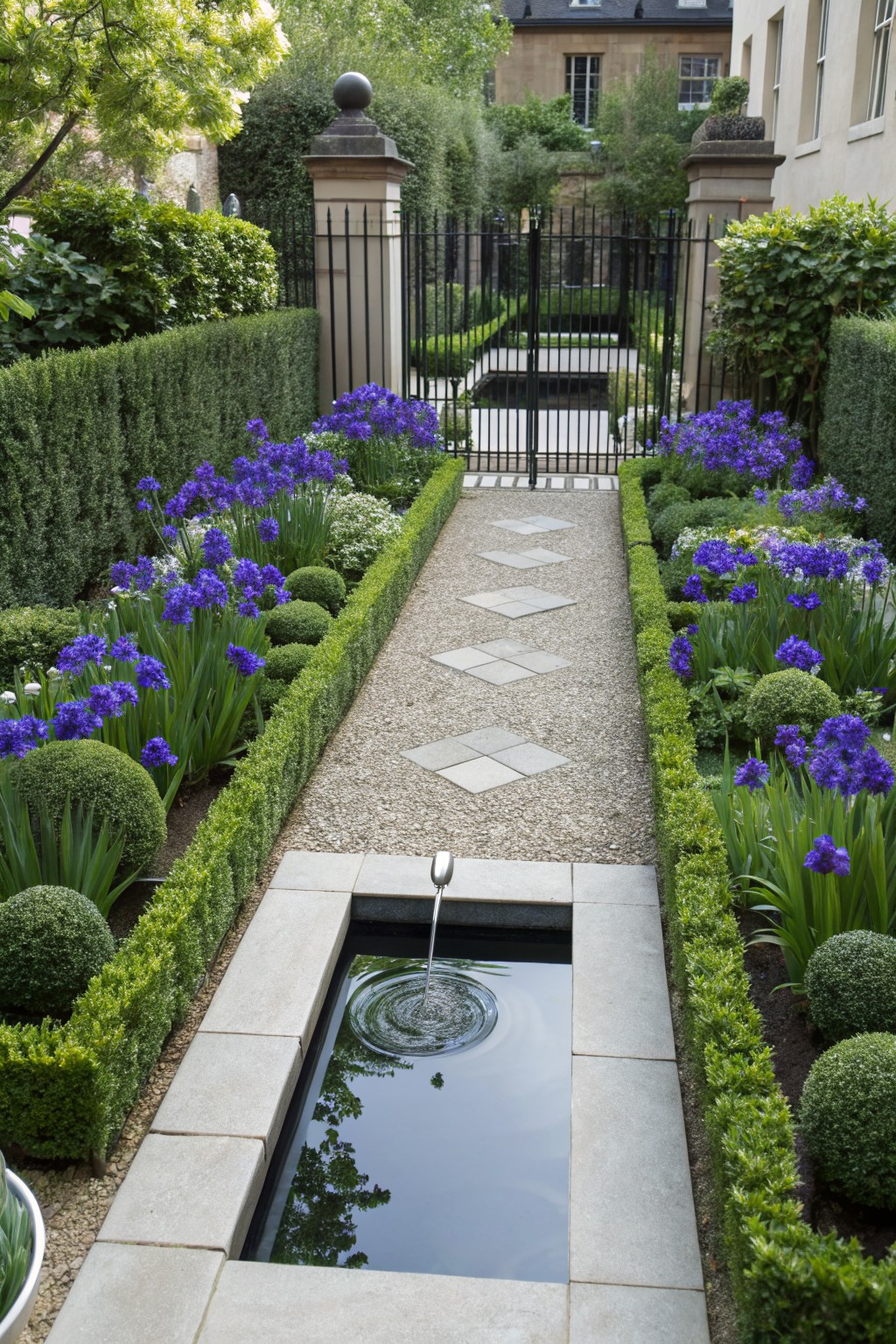 A formal garden path of gravel and diamond stone pavers flanked by boxwood hedges and beds of purple iris flowers, leading to a rectangular stone fountain with a central water spout, bordered by iron gates and evergreen shrubs.