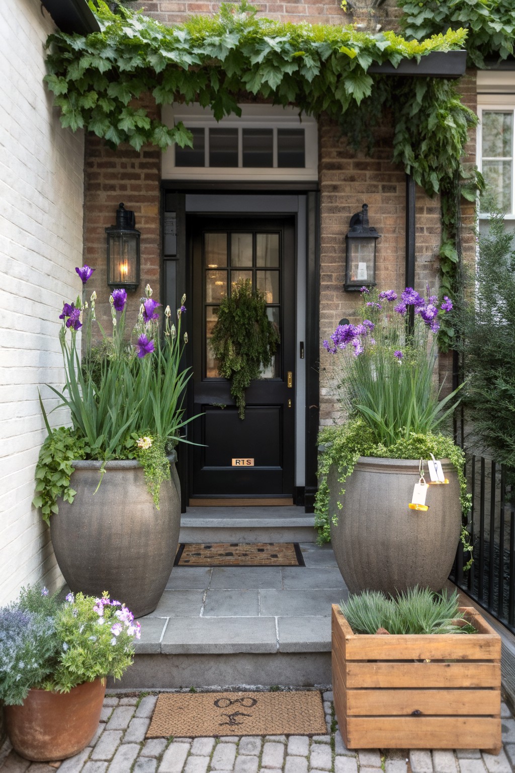 Front entrance of a brick house with a black door, flanked by large gray pots of tall purple irises, ivy-covered porch roof, wall lanterns, wreaths, and smaller potted plants on stone steps and pathway.